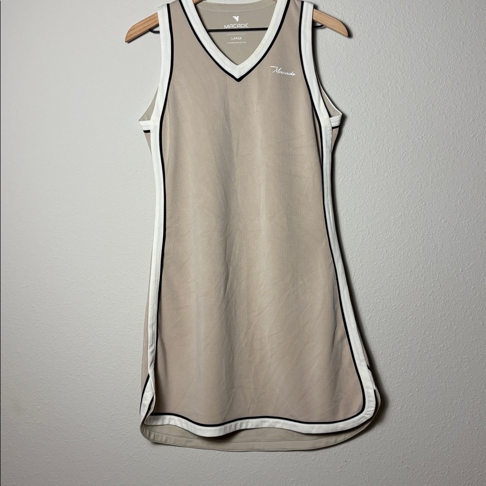 Macade Sleeveless V-Neck Mini Dress in Taupe with White Trim
